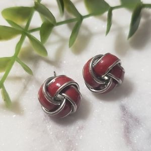 Red and Silver Knot Stud Earrings